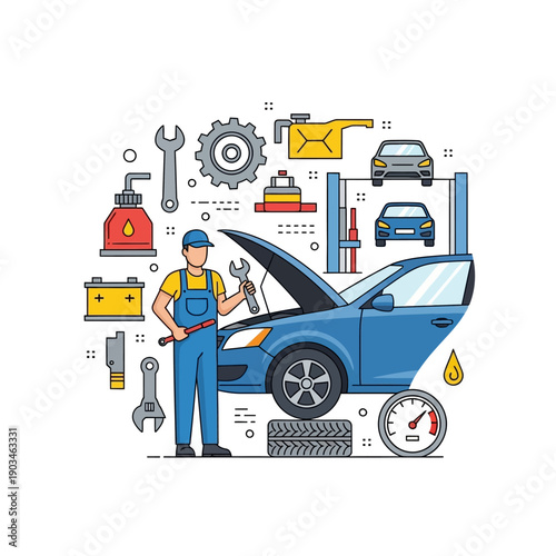Mechanic Working on Car with Tools and Equipment, Auto Repair Service Concept