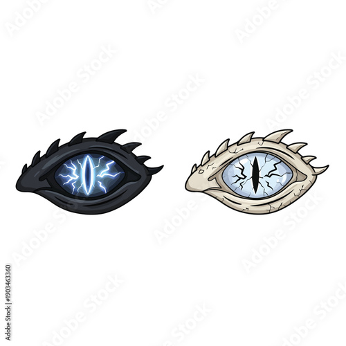 Two stylized dragon eyes one black and one cream colored with glowing pupils