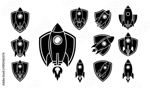 Retro Futuristic Rocket Badge and Space Travel Emblem Vector Icon Collection