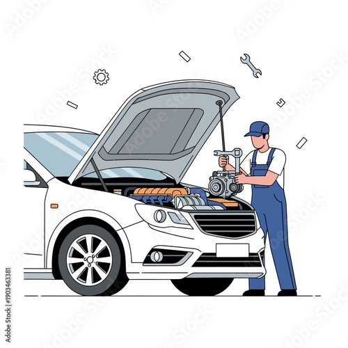 Mechanic working on car engine under open hood, automotive repair service, garage illustration