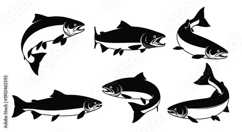 Collection of salmon fish silhouettes seafood aquatic