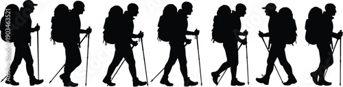 Silhouette of hikers walking with backpacks and trekking poles, mountain adventure travel concept, outdoor group hiking illustration on white background