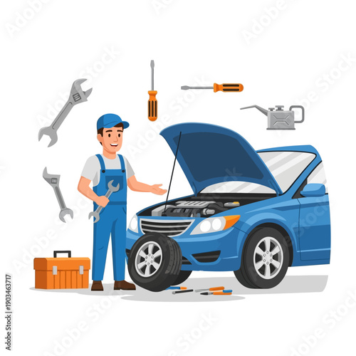 Smiling Mechanic with Tools Fixing Blue Car Engine Under Open Hood