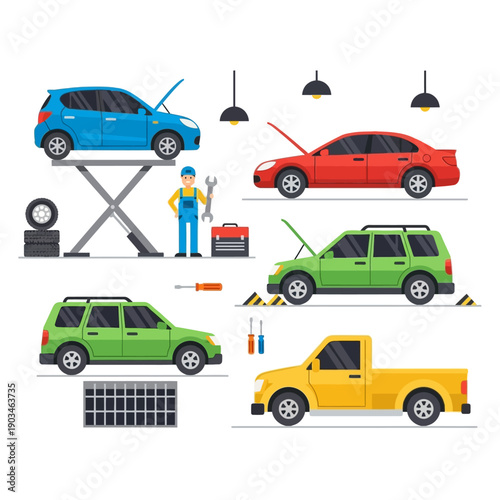 Car Mechanic Service Station: Vehicles Undergoing Repair and Maintenance