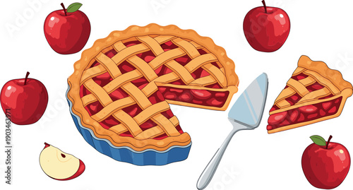 Delicious homemade apple pie with fresh red apples and a slice on white background
