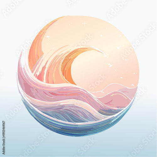 Ocean waves illustration in a circle with pastel colors and stars
