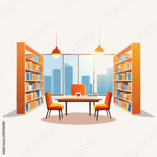 Modern library office with large windows overlooking city skyline and two chairs