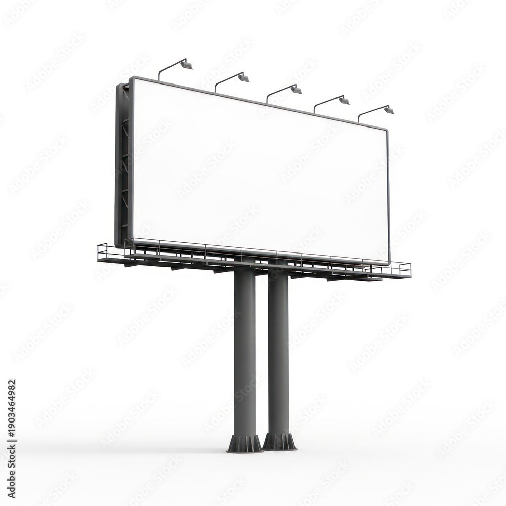 Obraz premium Large Outdoor Billboard Structure With Blank White Display And Two Support Poles Illuminated By Spotlights Isolated White Background