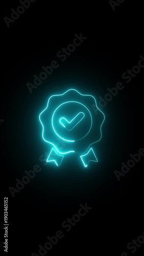 Neon Blue Award Ribbon with Checkmark Icon Glowing on Black Background, Symbol of Success, Quality, and Achievement