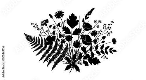 Black Silhouette of Various Leaves and Flowers.