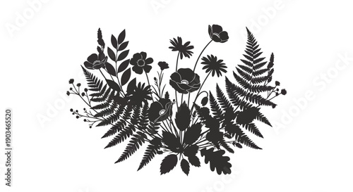Black Silhouette of Various Leaves and Flowers.