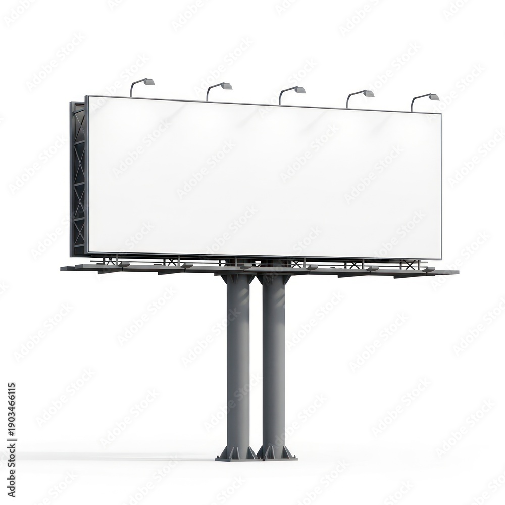 Obraz premium Modern Double Pole Billboard Structure with Large Blank White Advertising Space and Overhead Spotlights on Isolated White Background