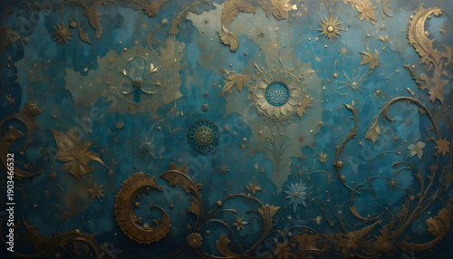 Intricate antique gold baroque patterns on a distressed blue backdrop, evoking historical elegance and rich ornamentation., silhouette of mosque an ramadan background  
