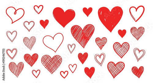 A delightful assortment of red heart shapes scattered across a white background.