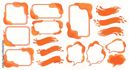 Abstract organic rectangle shapes set. Frame boxes and blobs set. Orange fluid banners set. Amoeba design elements. Freeform hand-drawn splashes. Abstract geometric speech bubbles