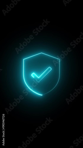 secure system verification icon animation,neon shield security icon on dark background,glowing shield with check mark cybersecurity concept,