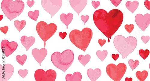 A delightful array of hearts in various shades of pink and red scattered across a white background.