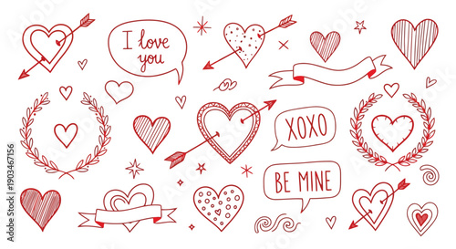 A delightful collection of heart-themed doodles and symbols in various shapes and sizes