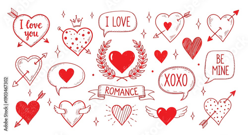 A vibrant collection of red hearts and love symbols scattered across a white background
