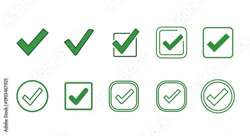 Check mark icons set. Vector illustrations. Tick symbols collection. Checkmark icons and checkbox signs