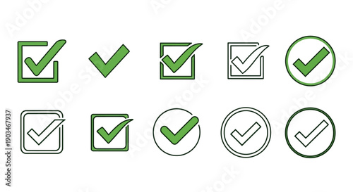 Check mark icons set. Vector illustrations. Tick symbols collection. Checkmark icons and checkbox signs