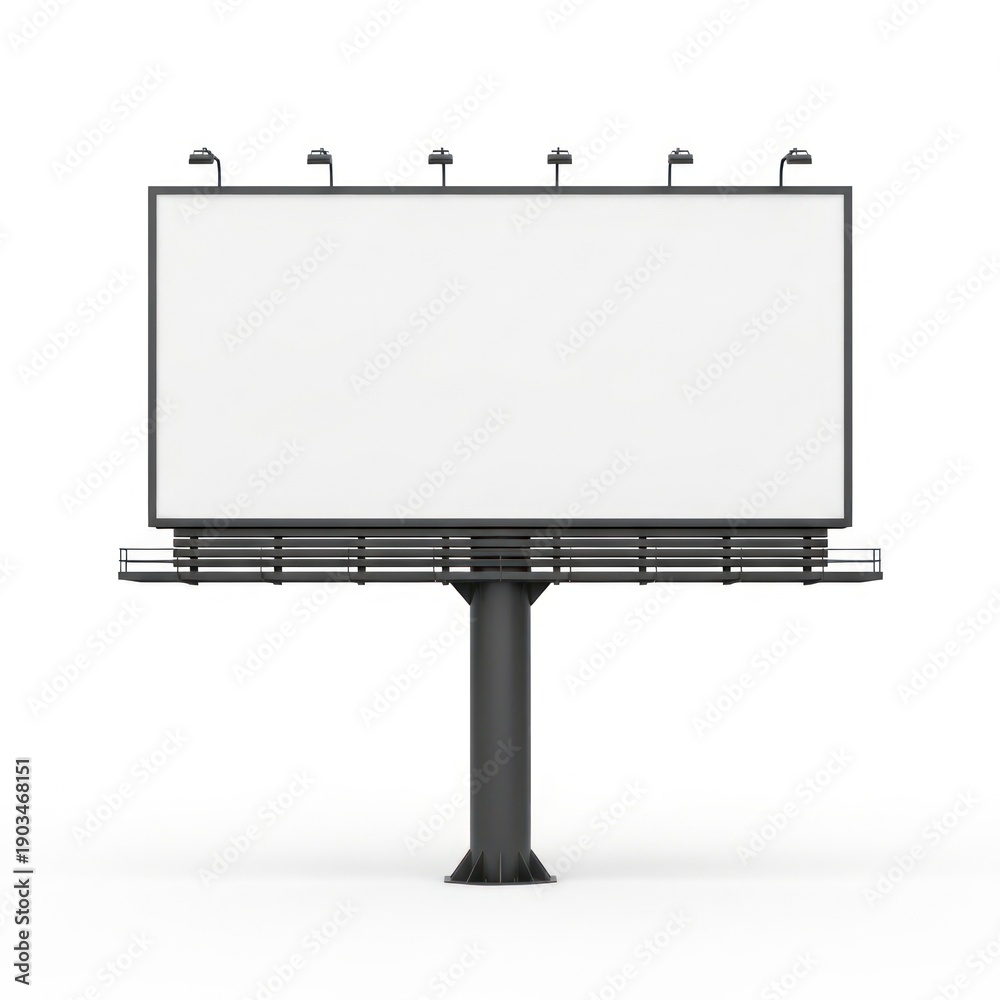 Fototapeta premium Large Rectangular Billboard With A White Blank Screen Supported By A Dark Grey Metal Pole And Two Side Platforms Featuring Multiple Lights At The Top Isolated White Background
