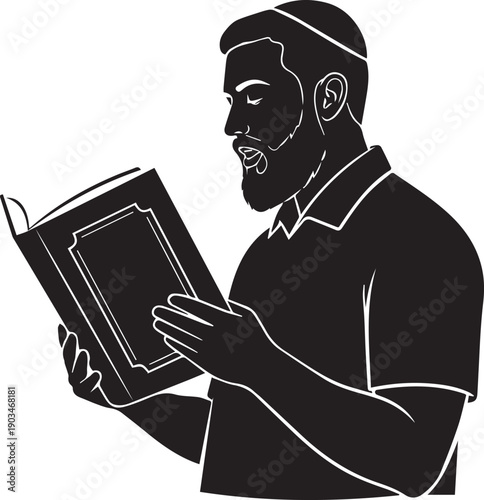 Bearded jewish man reading torah book vector illustration silhouette with kippah