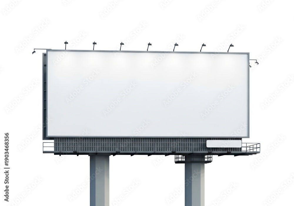 Obraz premium Large Rectangular Billboard With Bright White Blank Screen Mounted on Two Concrete Pillars With Top Lights Isolated White Background