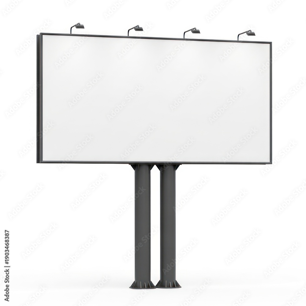 Fototapeta premium Large Rectangular Billboard With Two Dark Gray Support Poles And Four Top Lights Featuring A Blank White Display Surface Isolated White Background