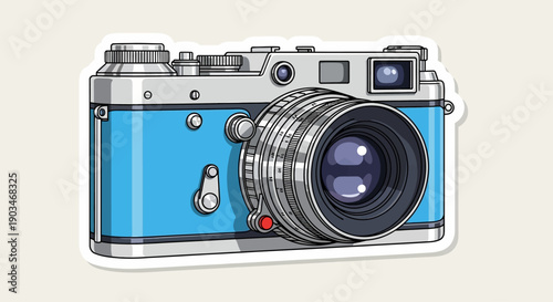 Photo camera illustration sticker. Photo camera sticker icon in flat style. Photography equipment vector illustration on isolated background. Professional photographic sign business concept.