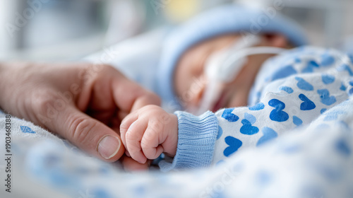 Close up of a premature baby gently holding an adult’s finger in a hospital.