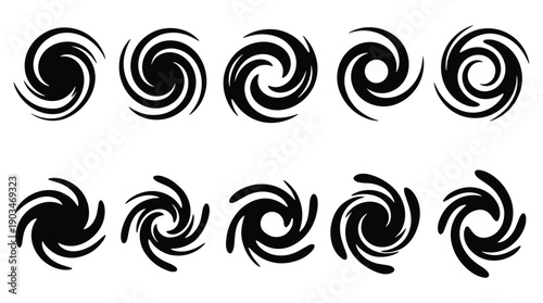 Ten black swirling vortex graphic elements white