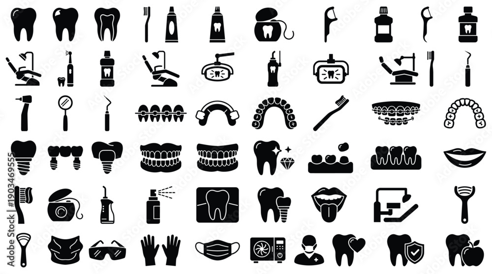 Obraz premium Dental care icons set including teeth toothbrushes and dental equipment