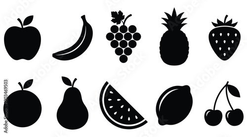 Black fruit icons apple banana grapes pineapple strawberry plum watermelon lemon cherries