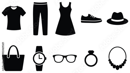 Black clothing and accessory icons on white background