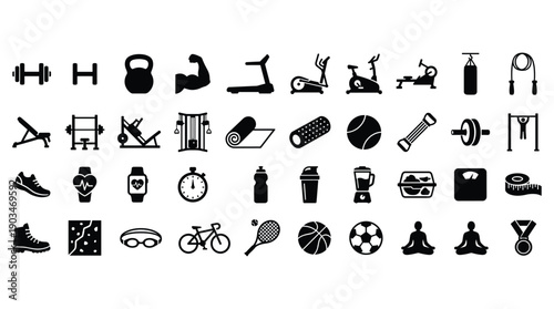 Collection of black fitness and sports equipment icons