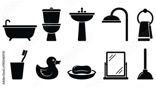 Black bathroom icons on white background silhouette