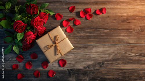 Rose rosse fresche e pacchetto regalo in carta su tavolo di legno scuro con petali. Generative AI 