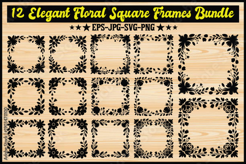 Elegant floral square frames bundle for scrapbooking and photo framing projects. Vector