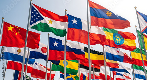 International world flags waving together in bright sunlight
