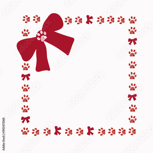 Red bow frame with paw prints design II.eps