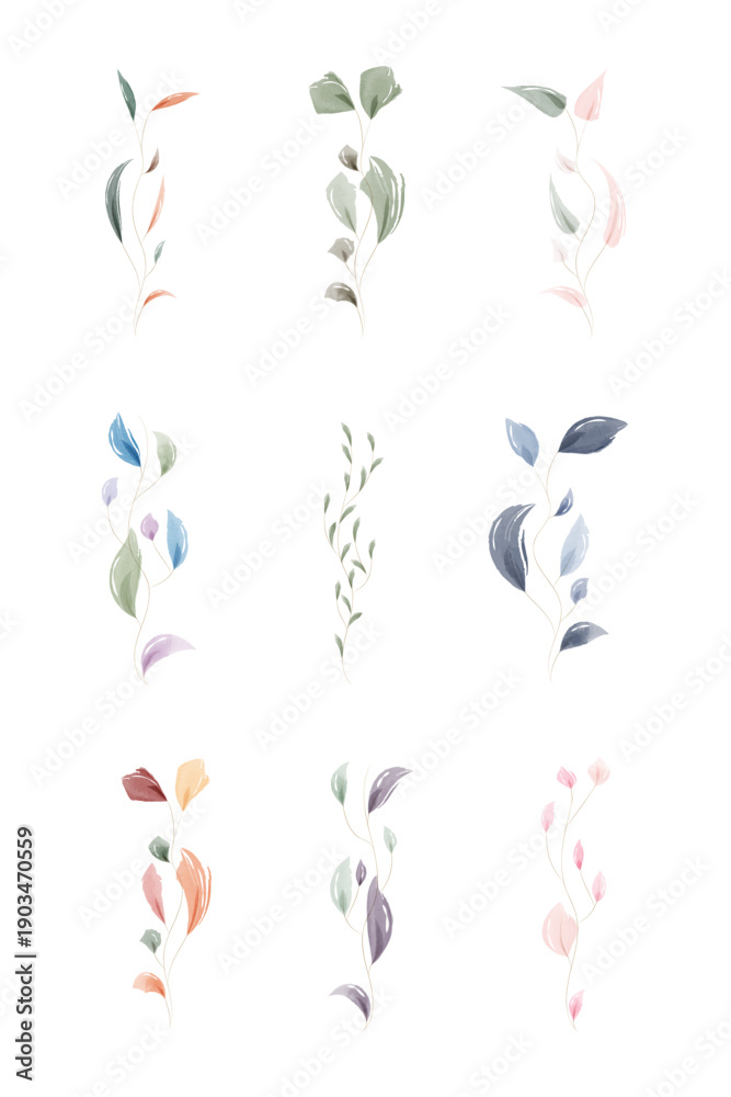 Fototapeta premium A collection of nine hand painted watercolor leaf sprigs displayed on a bright white background. Each delicate botanical element features soft, natural colors perfect for invitations or decorations.