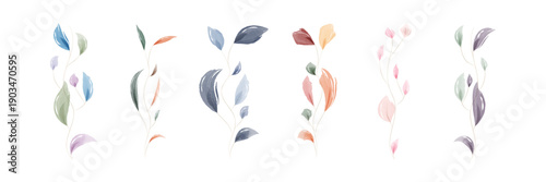 Six delicate watercolor botanical designs display slender stems with soft leaves. Each illustration features a unique color palette of greens, blues, pinks, and oranges on a pure white background.