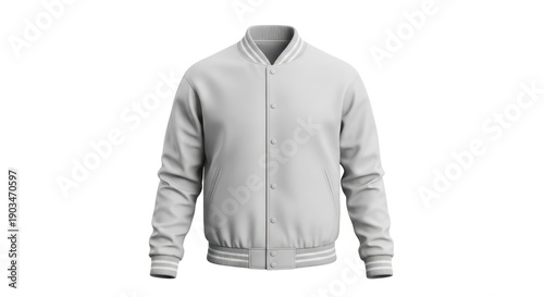 Light Gray Varsity Jacket with White Accents and Snap Closure Isolated White Background