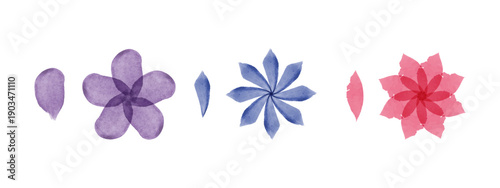 Various watercolor flowers and distinct leaf-like petals are arranged on a white background. These purple, blue, and pink designs feature translucent colors and soft artistic textures.