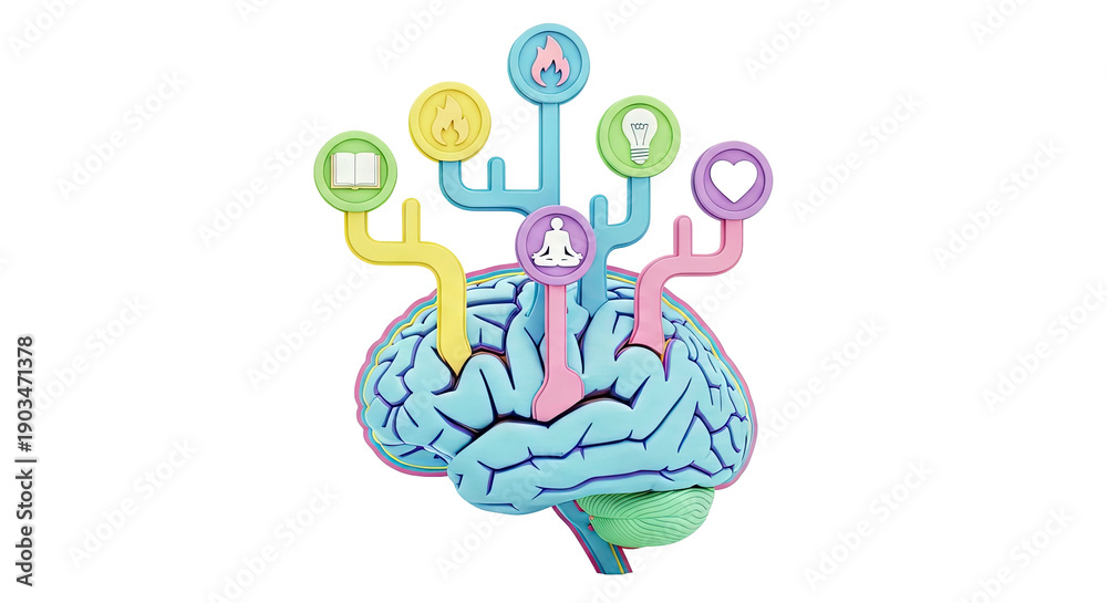 Fototapeta premium Brain with Icons Representing Learning, Emotions, and Ideas