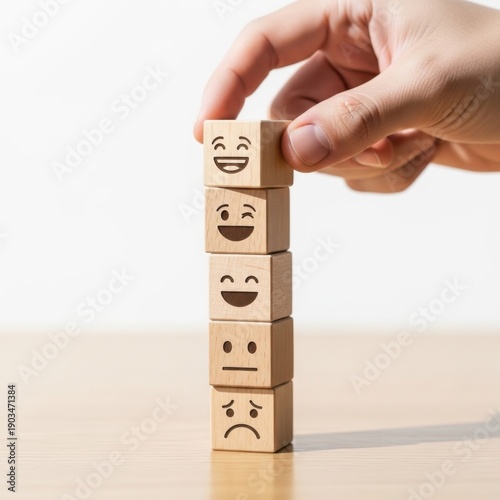 Hand Placing Wooden Cube with Happy Smile Face on Stack Representing Customer Satisfaction Rating and Positive Feedback Concept