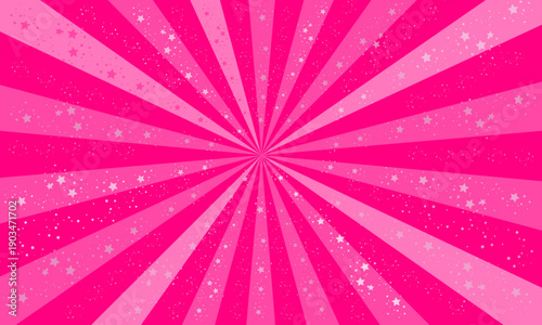 Sunrays banner design bubblegum pink colored background. Sun rays, starbust with stars