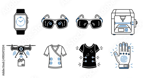 Technology and fashion icons with smartwatch and drone