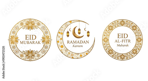 Eid Mubarak and Ramadan Kareem gold floral greeting badges with Islamic calligraphy celebration